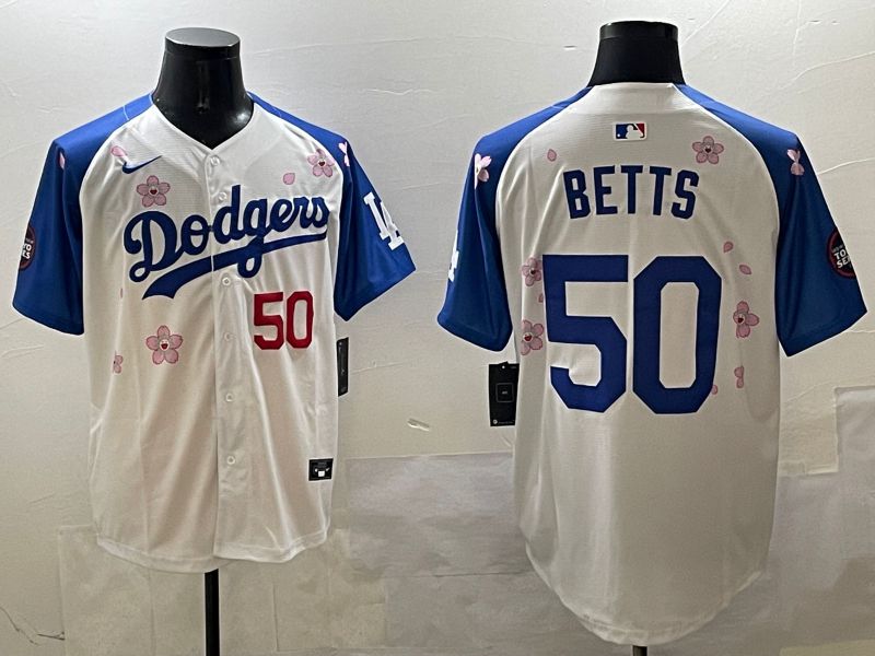 Men Los Angeles Dodgers #50 Betts White Blue Sakura Edition 2025 Nike MLB Jersey style 6